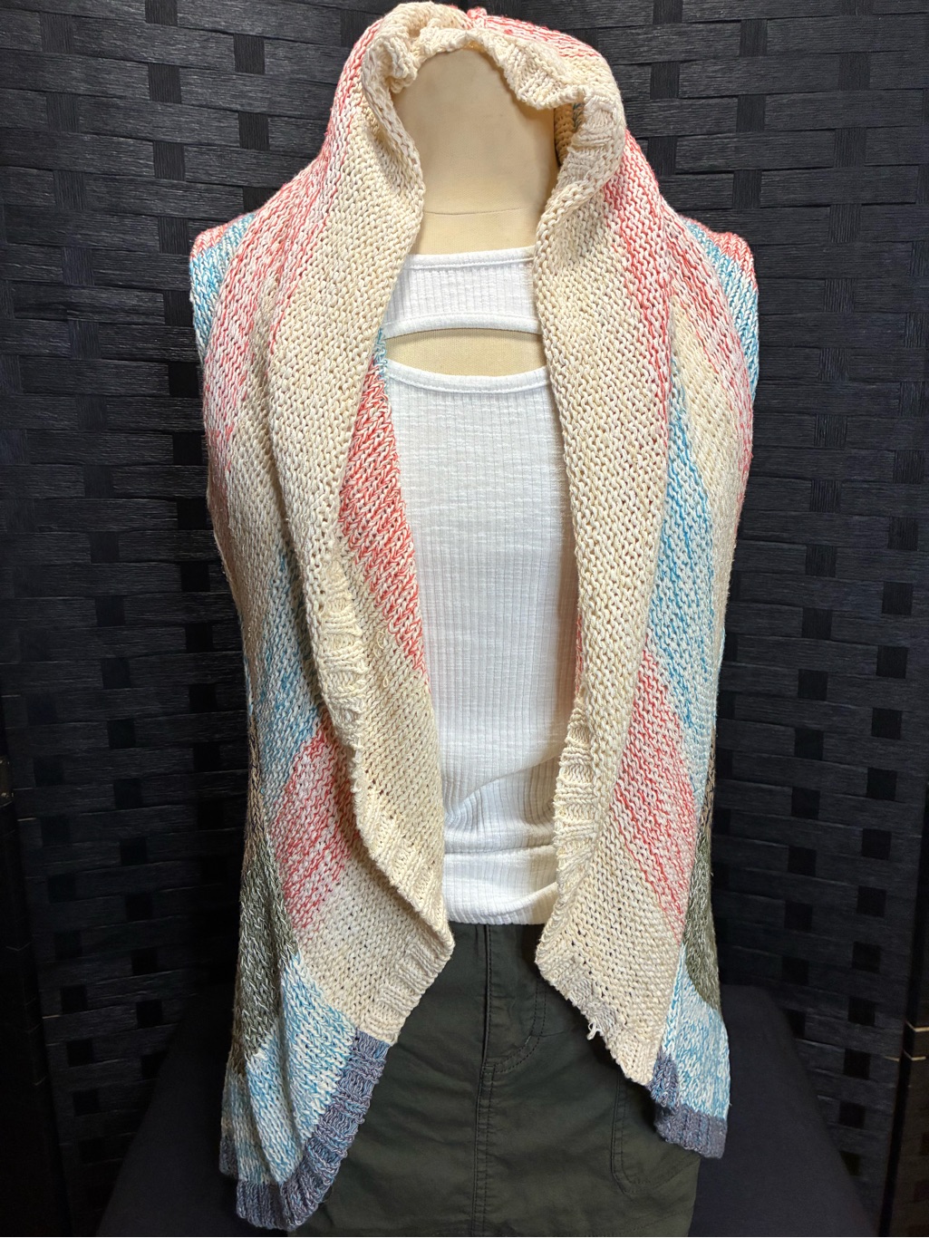 Cabi Open-Front Stripe Knit Vest In Cream, Pink & Blue